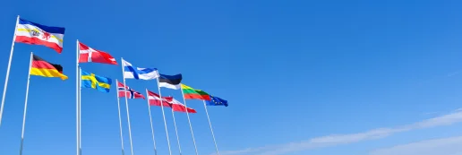 Die Flaggen von Mecklenburg-Vorpommern, Deutschland, den Ostseeanrainerstaaten und der EU wehen nebeneinander an hohen Fahnenmasten vor einem strahlend blauen Himmel.